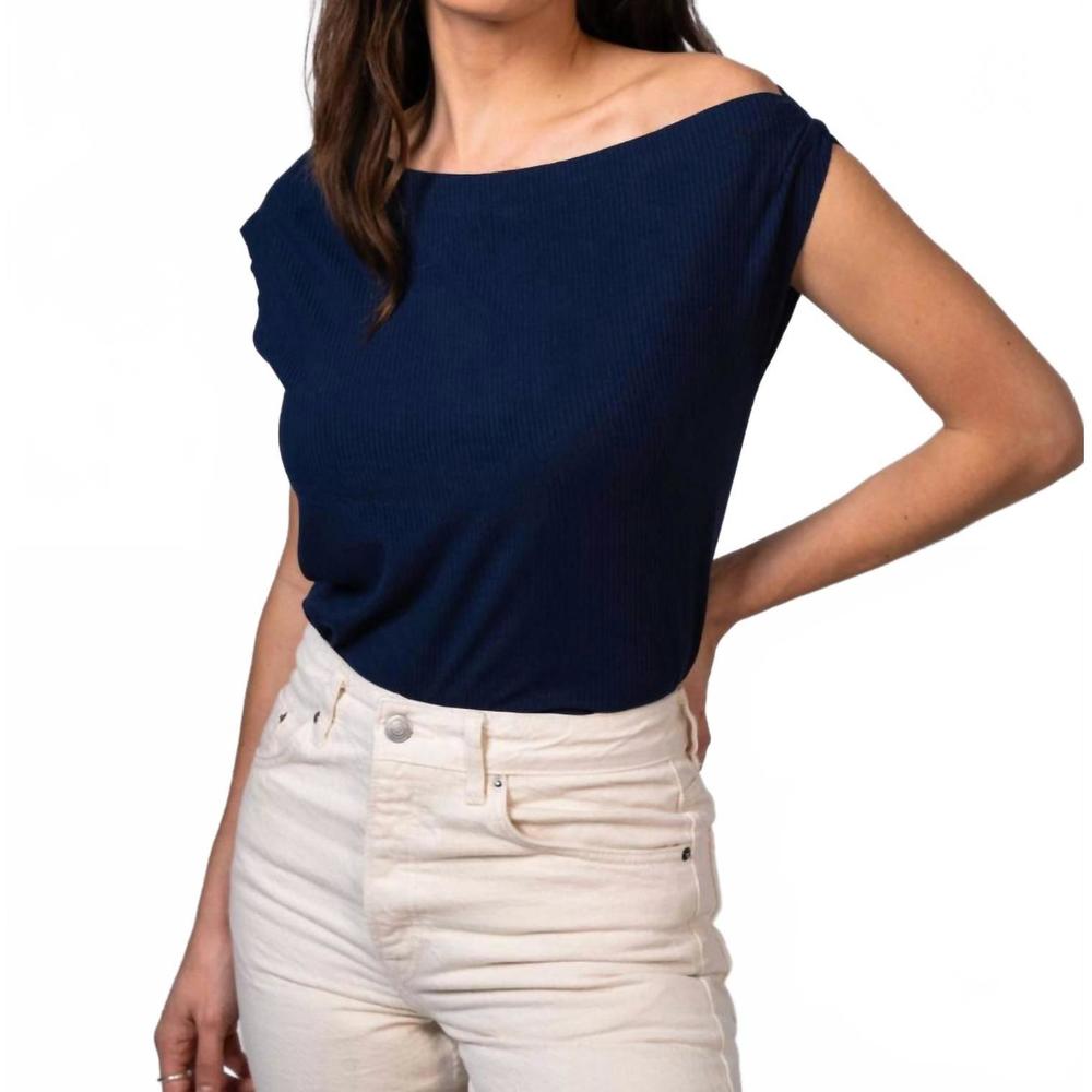 NEW SUNDAY RITUAL off-shoulder ribbed knit top in navy